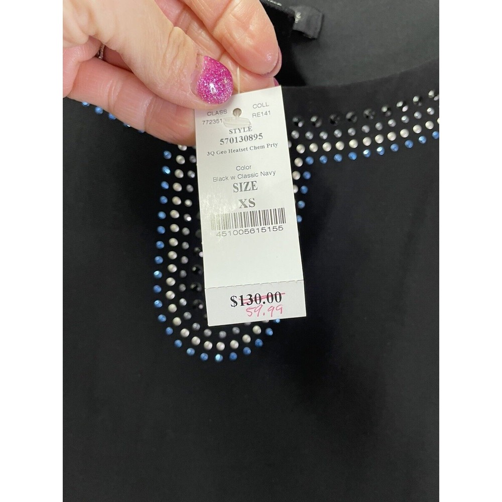White House Black Market Black Blue Silver Rhinestones Keyhole Neck Size XS - Picture 8 of 14